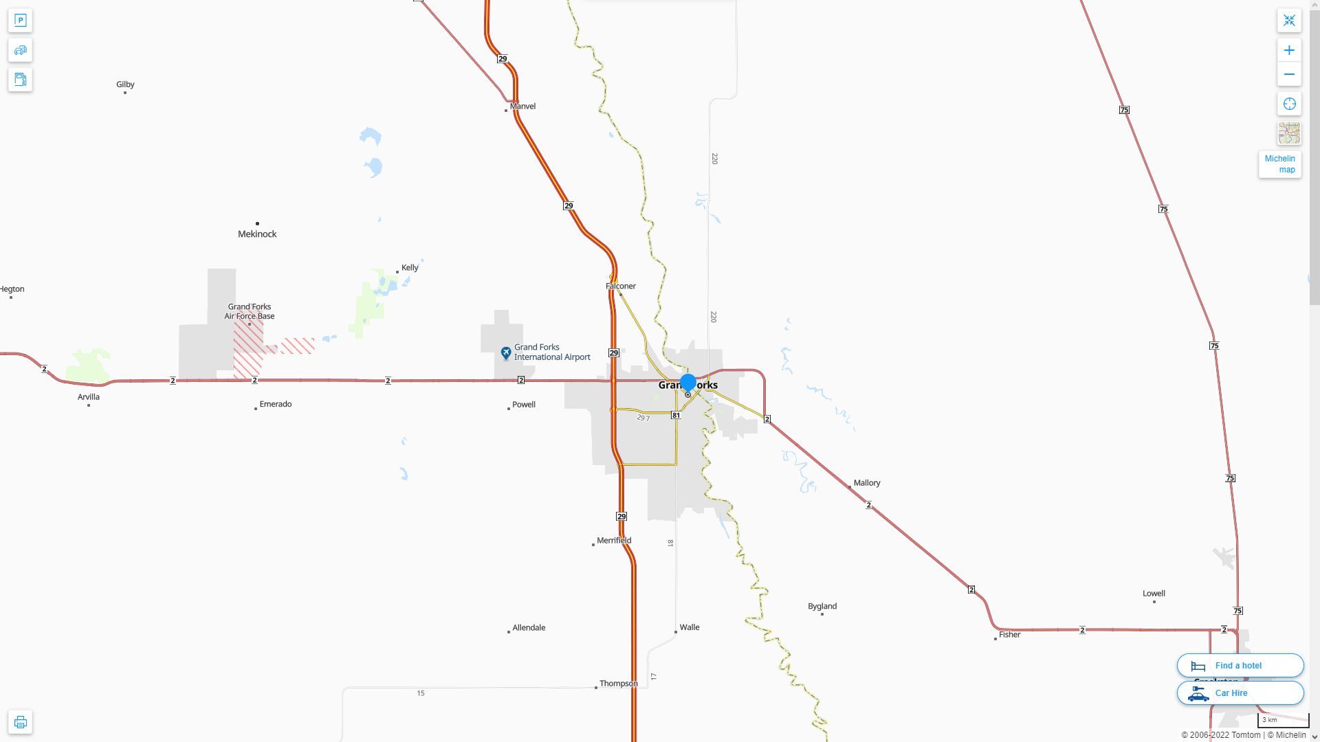 Grand Forks North Dakota Highway and Road Map